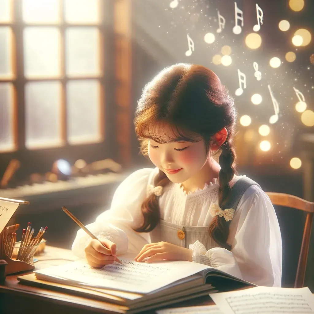 DALL·E 2024-02-26 20.14.29 - A heartwarming scene featuring a 10-year-old Korean girl, exuding a sense of youthful innocence and charm, deeply absorbed in her writing activity. Sh.webp