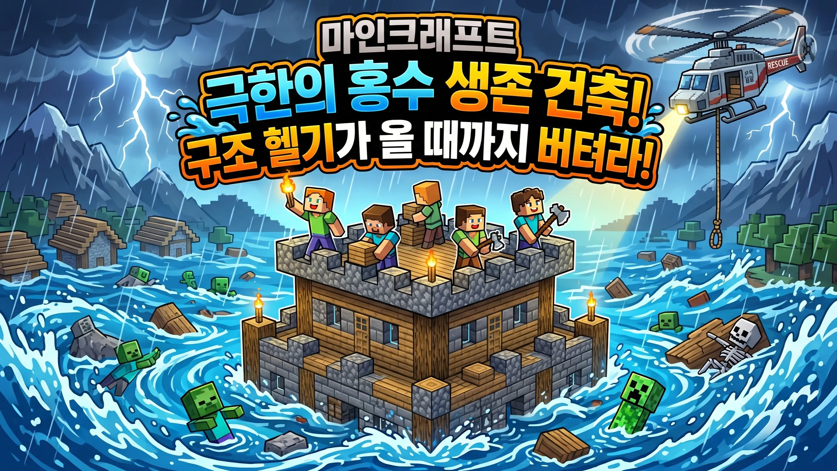 [5월 한정] 마인크래프트 극한의 홍수 재난 생존 건축! 구조 헬기가 올 때까지 버텨라!(특별 할인쿠폰 제공)